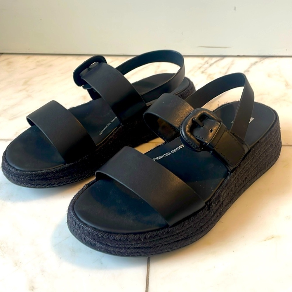 FitFlop, 8, F-Mode black buckle leather espadrille platform back strap sandal